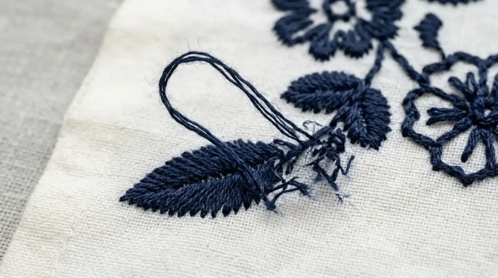 embroidery thread coming loose on white fabric showing missing lock stitch causing design to unravel