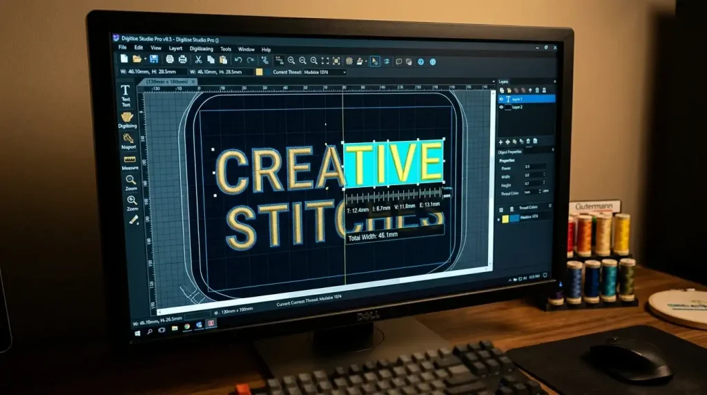 Embroidery digitizing software screen showing letter column width measurement for fill stitch conversion