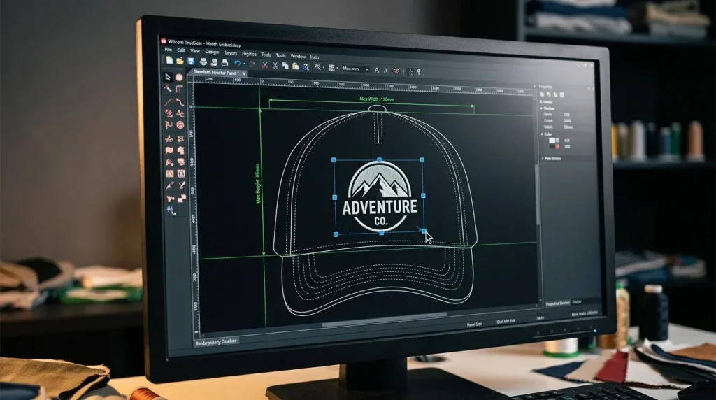 Embroidery digitizing software showing cap logo being resized to fit within cap front panel boundary guidelines