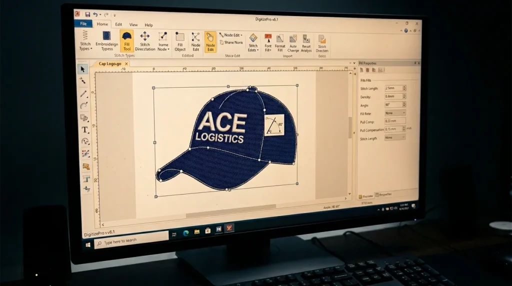 Embroidery digitizing software showing corrected pull compensation and stitch direction settings for cap logo fill stitch