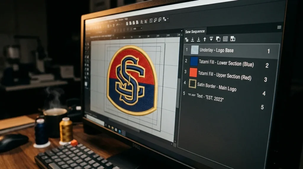 Embroidery digitizing software showing cap logo sew order sequence panel with bottom-up stitch object numbering