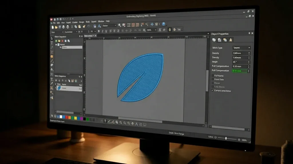 Embroidery digitizing software showing corrected lower pull compensation value stopping fill stitch leaking outside outline