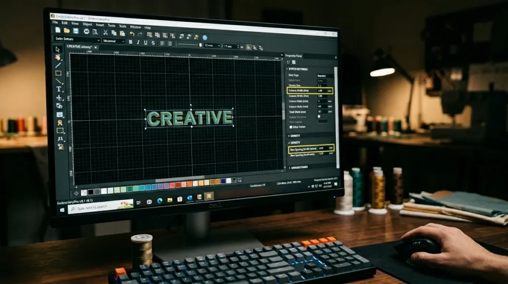 Embroidery digitizing software showing small text column width and density settings for clean small letter stitching