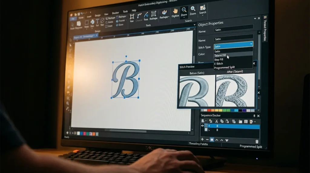 Embroidery digitizing software showing stitch type being changed from satin to fill stitch on letter