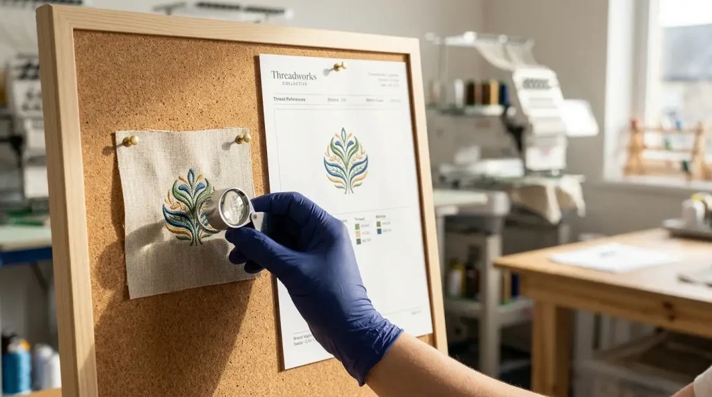 embroidery test run swatch inspection before full production to verify color sequence