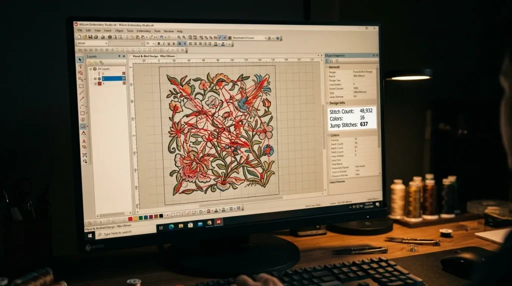 Embroidery digitizing software showing jump stitches highlighted across design with high jump stitch count