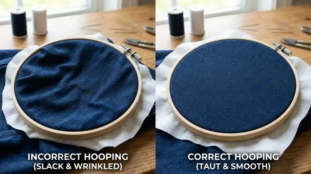 Side by side comparison of incorrect loose hooping versus correct tight hooping of navy denim jacket for embroidery