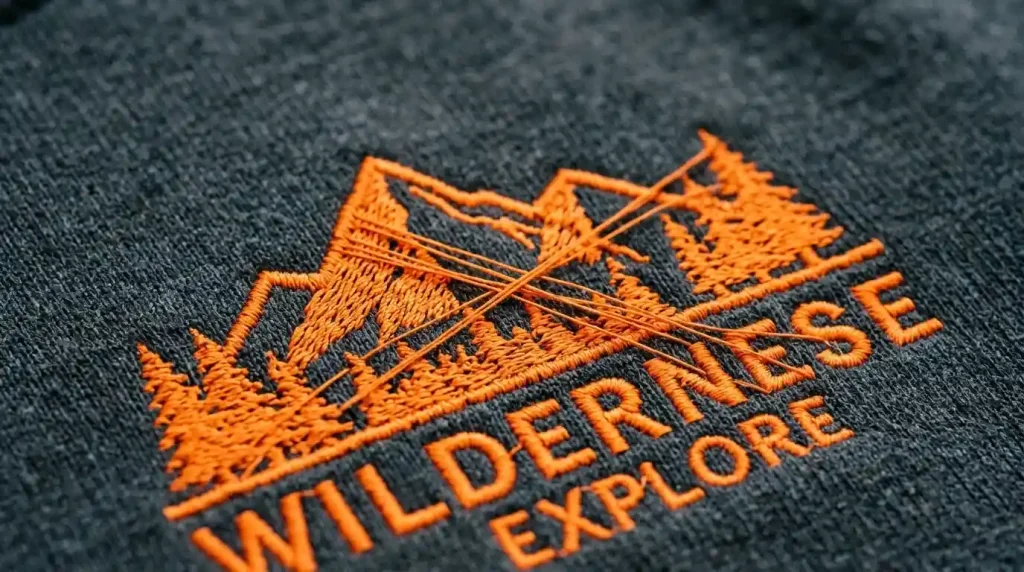 Close-up of jump stitches causing excessive trims in embroidery design on charcoal grey hoodie