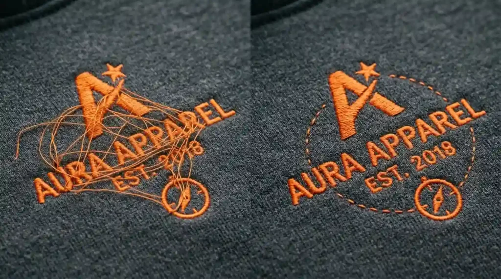 Side by side comparison of jump stitch connections versus running stitch connections between embroidery elements on grey hoodie