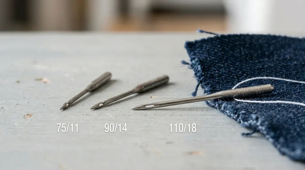 Three embroidery needle sizes 75 90 and 110 beside navy blue denim fabric showing correct needle size selection