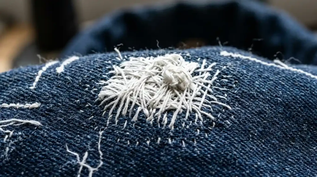 High density embroidery stitching creating over-stitched raised area on navy blue denim jacket causing needle breakage