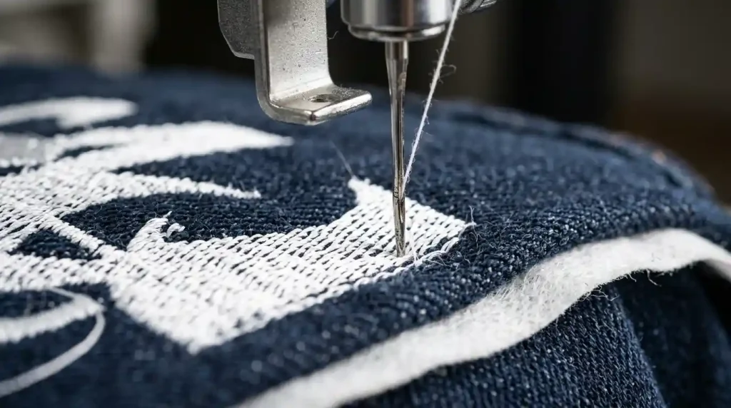 Close-up of embroidery needle deflecting and under stress while stitching through thick navy denim jacket fabric