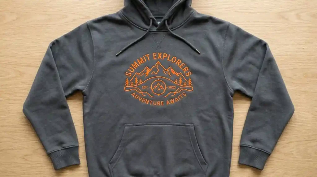 Clean professional embroidery design on charcoal grey hoodie with no jump stitches and minimal trims