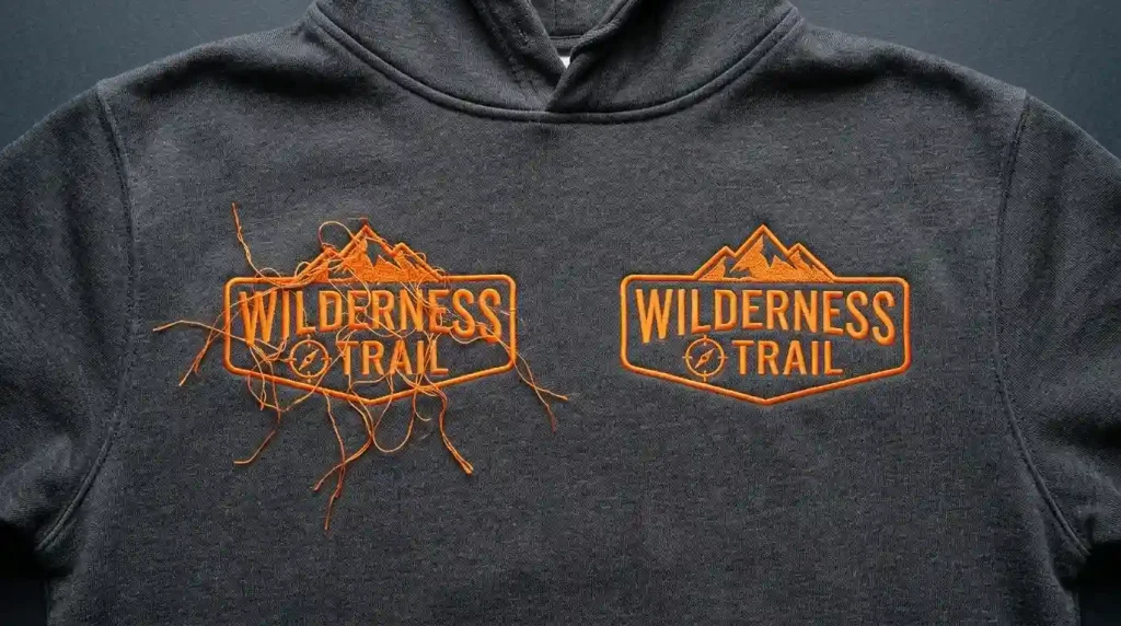 Too many trims in embroidery design showing loose orange thread tails on charcoal grey hoodie