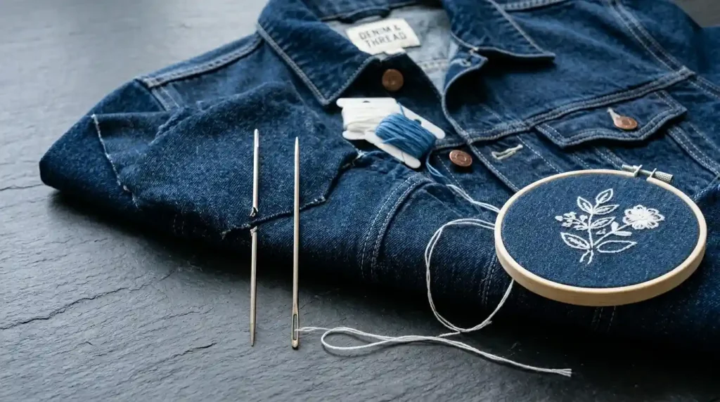 Embroidery needle keep breaking problem showing broken and intact needle beside navy blue denim jacket