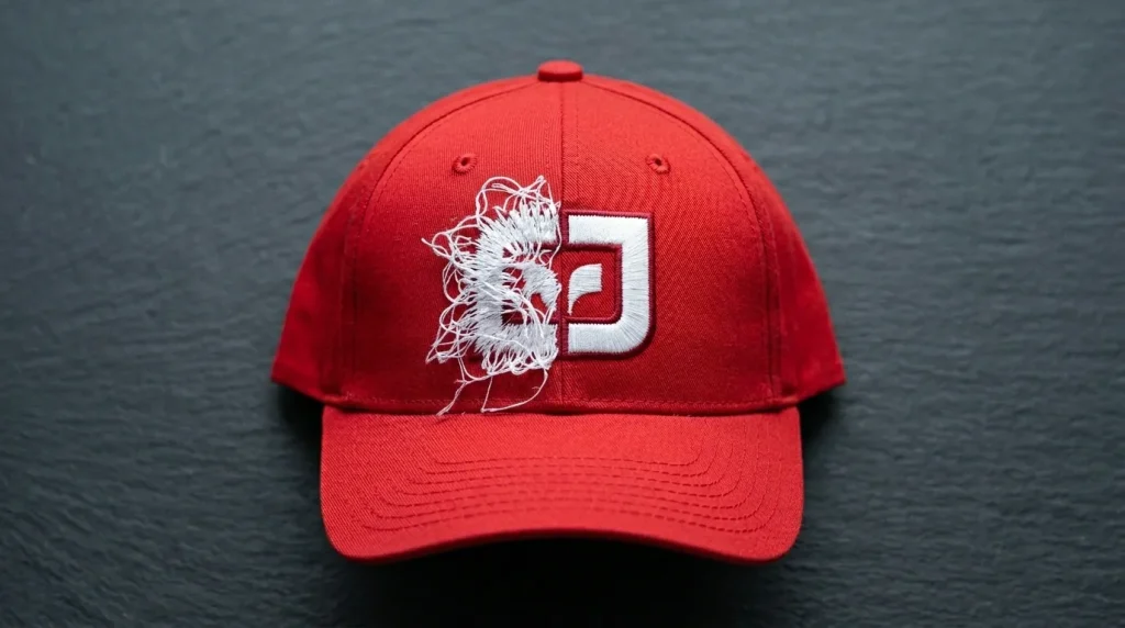 How to fix cap logo embroidery resize and contain fill stitches correctly on red baseball cap