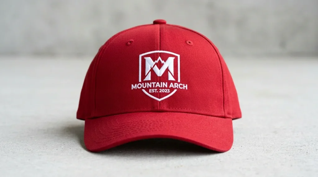 Clean professional embroidery logo on red baseball cap with fill stitches correctly contained within sharp border