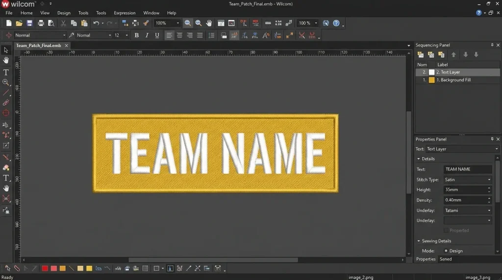 text layer placed on background in digitizing software for cap embroidery