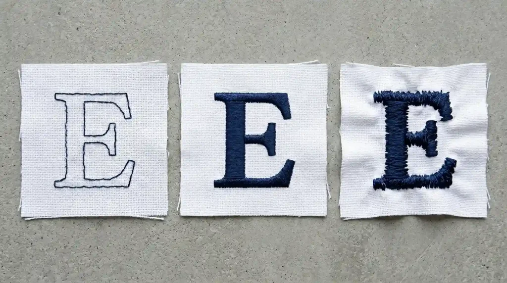 Three embroidery letter density examples showing too low, correct, and too high density settings for fixing poorly stitching letters