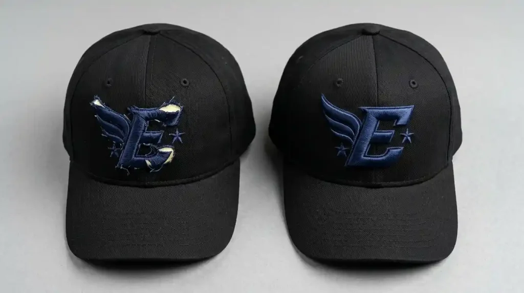 Common issues in cap 3D puff logos — foam lifting and collapsed edges on left vs clean perfectly raised 3D puff logo on right