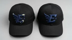 Common issues in cap 3D puff logos — foam lifting and collapsed edges on left vs clean perfectly raised 3D puff logo on right