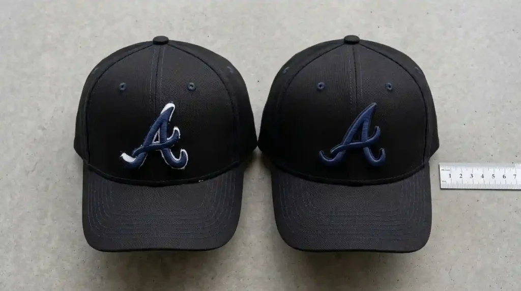 Before and after 3D puff cap logo test stitch-out showing all common issues fixed with ruler measuring final raised height