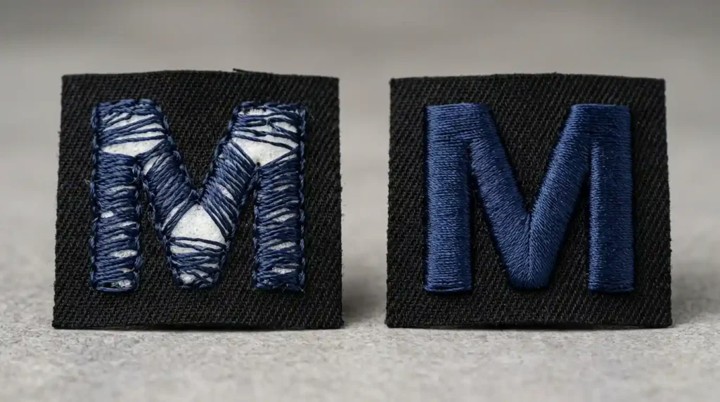 3D puff capping stitches with low density showing exposed foam vs correct density showing complete smooth foam coverage