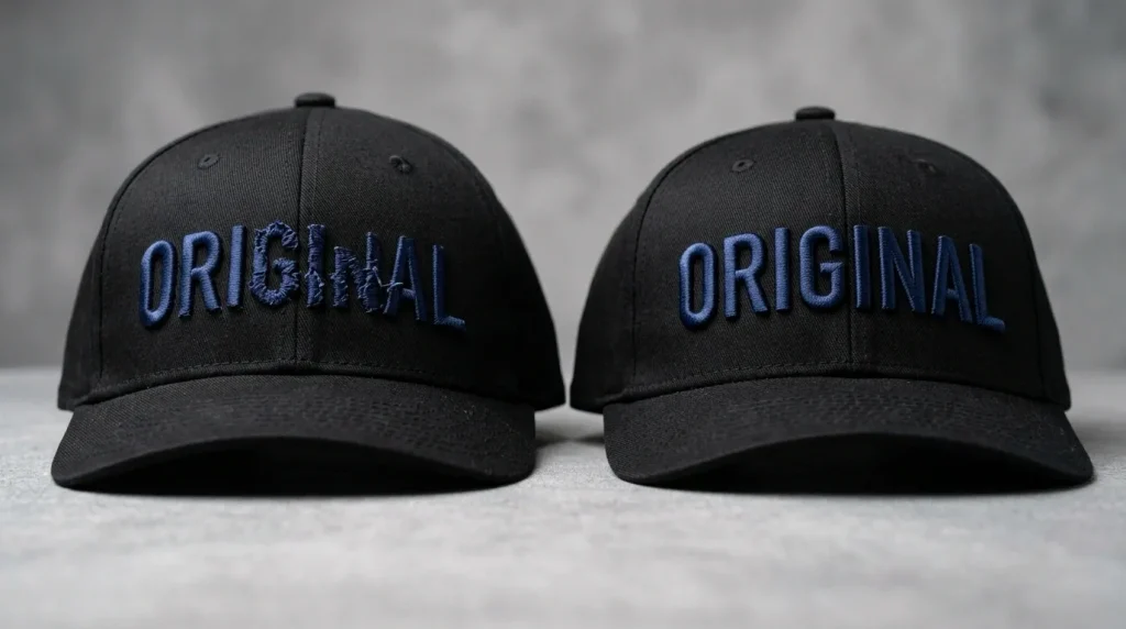Two caps showing uneven 3D puff logo height on left vs consistent uniform raised height across all letters on right