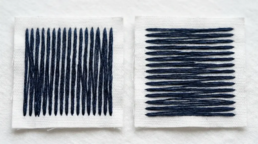 Two embroidered fabric swatches showing vertical stitch direction for cap digitizing versus horizontal stitch direction for left chest digitizing