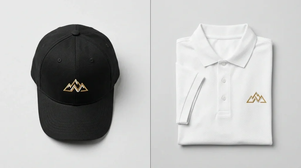 Cap digitizing vs left chest digitizing comparison showing baseball cap and polo shirt side by side