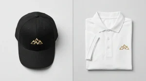 Cap digitizing vs left chest digitizing comparison showing baseball cap and polo shirt side by side