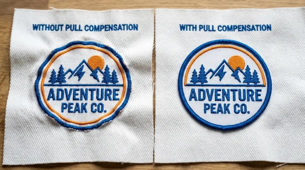 side by side comparison of distorted and corrected embroidery after pull compensation adjustment on white twill