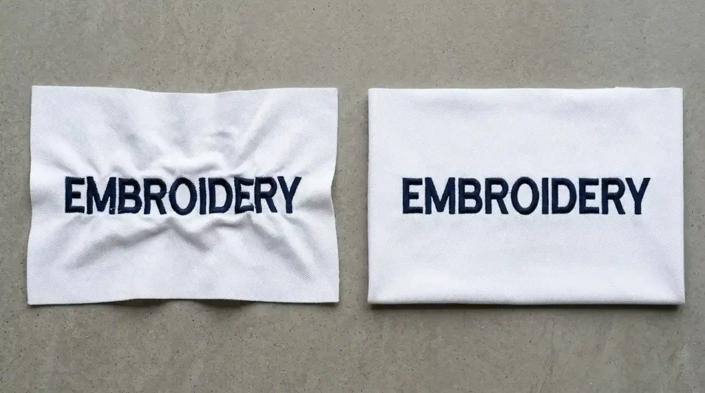 Before and after embroidery text test stitch-out showing all letter quality problems corrected with measuring tools for verification