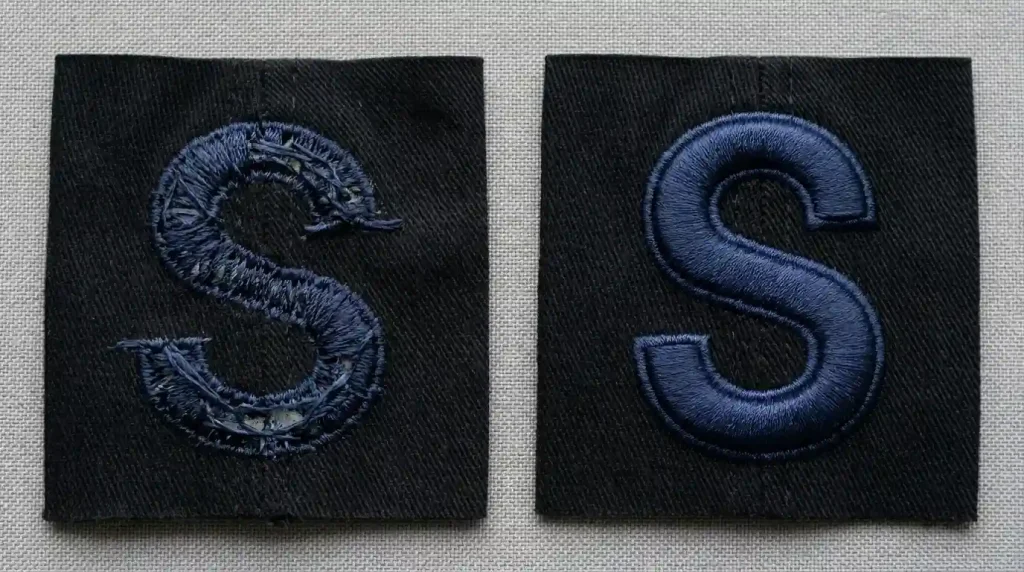 Collapsed narrow 3D puff section vs correctly redesigned letter with flat embroidery on thin strokes and 3D puff on thick sections