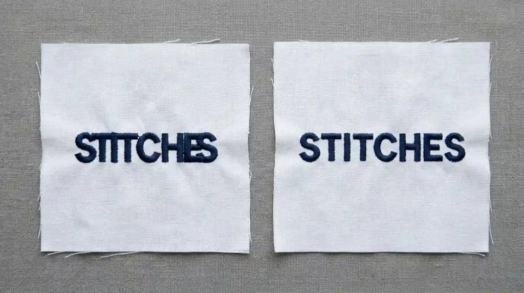 Embroidery letter puckering vs clean flat stitching showing fabric distortion fix around poorly stitching letters