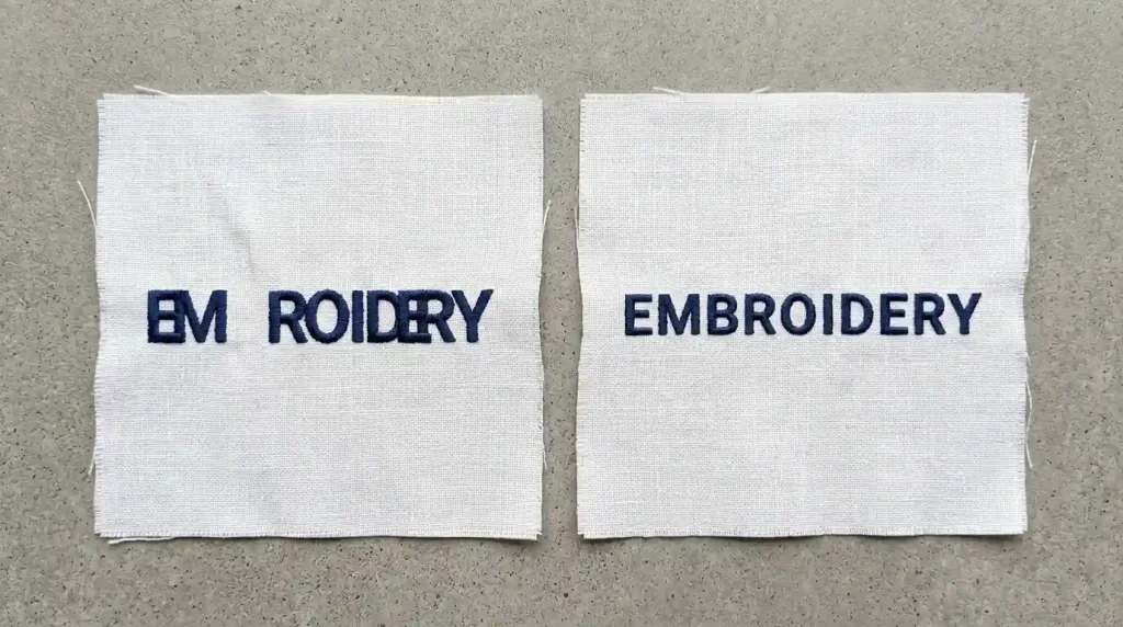 Embroidery text with incorrect letter spacing vs correct even spacing showing improvement in readability and professional finish