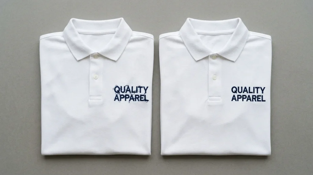 Fixing poorly stitching letters in embroidery — fuzzy uneven letters on left vs clean sharp professional lettering on right