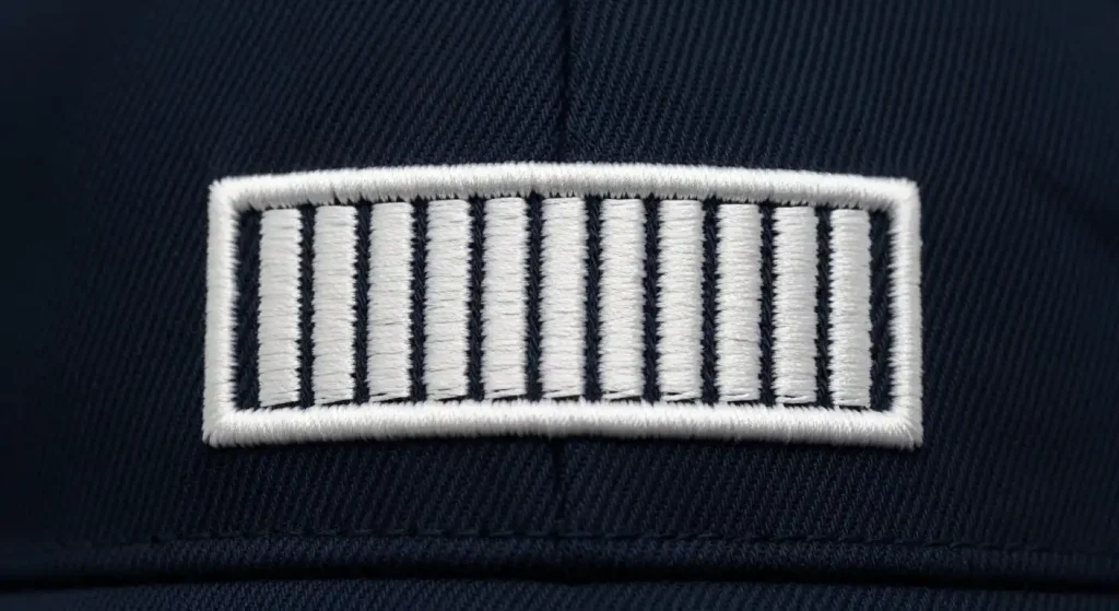 Close-up of satin stitch embroidery on navy blue cap fabric showing smooth shiny white parallel columns