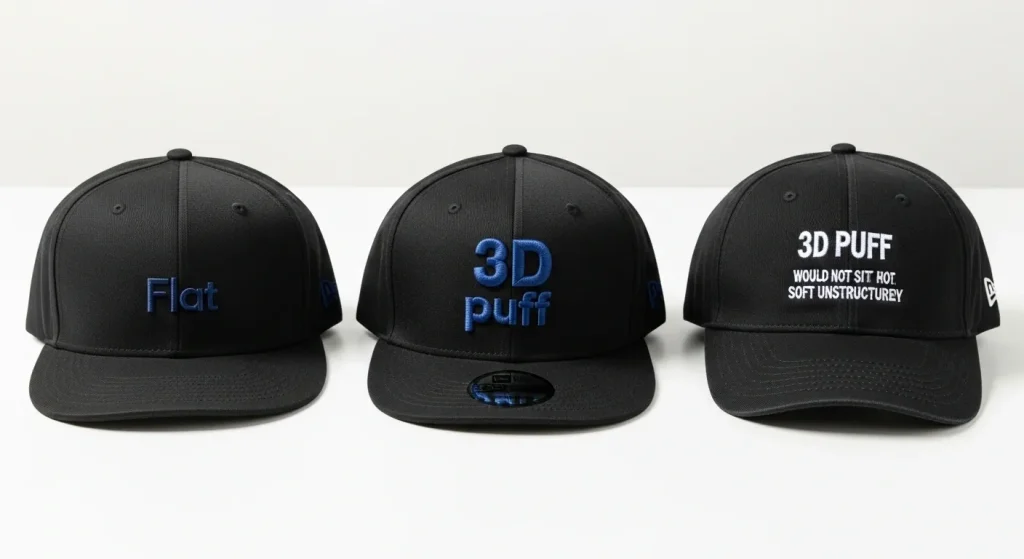Three cap types showing suitability of flat embroidery vs 3D puff embroidery on structured and unstructured caps