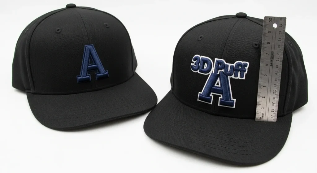 Side-by-side comparison of flat cap embroidery and 3D puff cap embroidery showing height difference with ruler