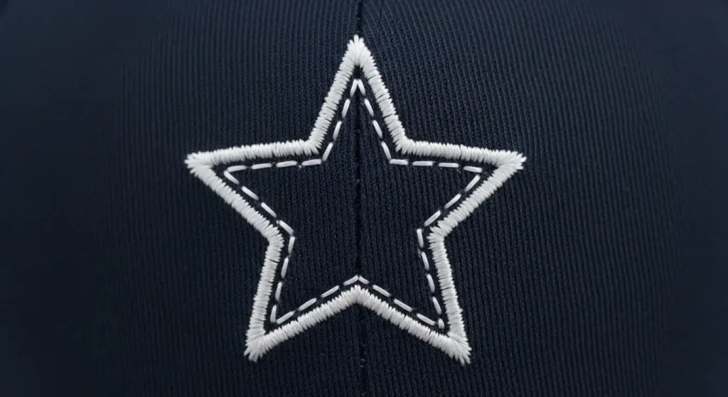 Close-up of running stitch outline embroidery on navy blue cap fabric forming star shape with no fill