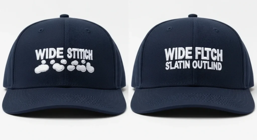 Two navy blue caps side by side showing wrong versus correct embroidery stitch type assignment results