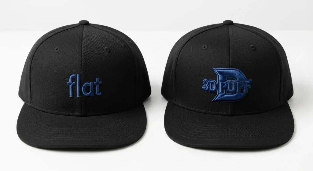 Cap flat logo vs cap 3D puff logo side by side on two identical black structured baseball caps