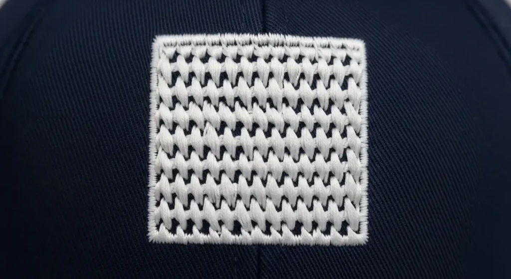 Close-up of tatami fill stitch on navy blue cap fabric showing flat even white stitching at 45 degree angle