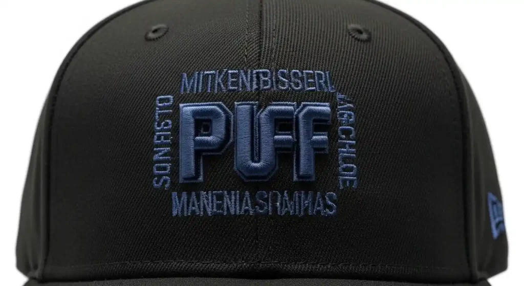Mixed flat and 3D puff embroidery on a structured black cap showing bold puff center element with flat detail text surrounding it