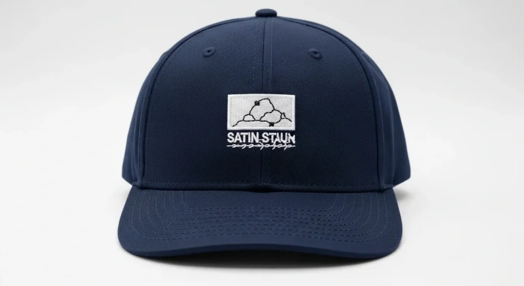 Navy blue cap embroidery logo showing fill stitch satin stitch and running stitch used correctly together