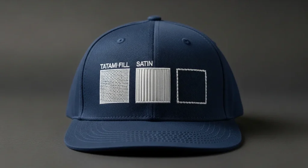 Fill stitch satin stitch and running stitch comparison samples on navy blue embroidered cap