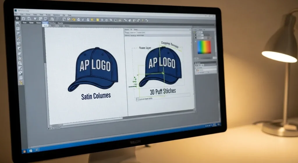 Embroidery digitizing software showing flat cap logo file vs 3D puff cap logo file settings side by side