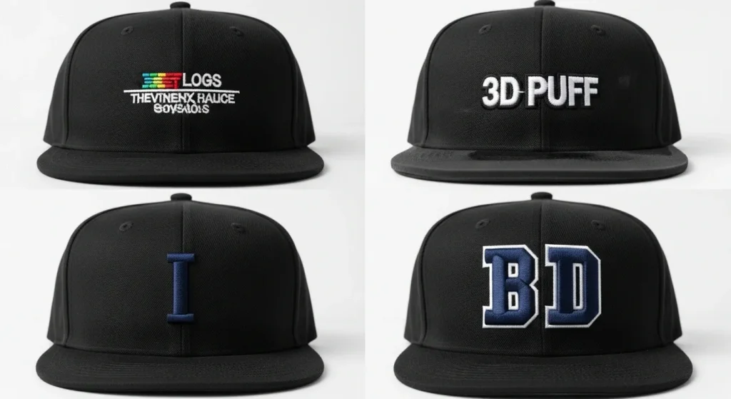 Four cap embroidery examples showing which designs work for flat embroidery and which work for 3D puff
