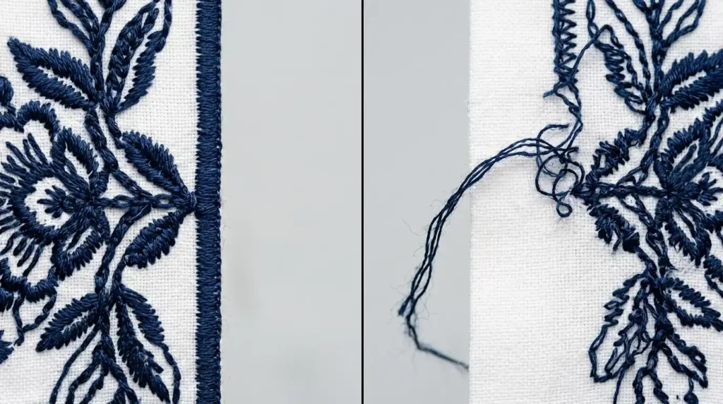 lock stitches embroidery comparison showing correct lock stitch versus missing lock stitch causing thread unraveling